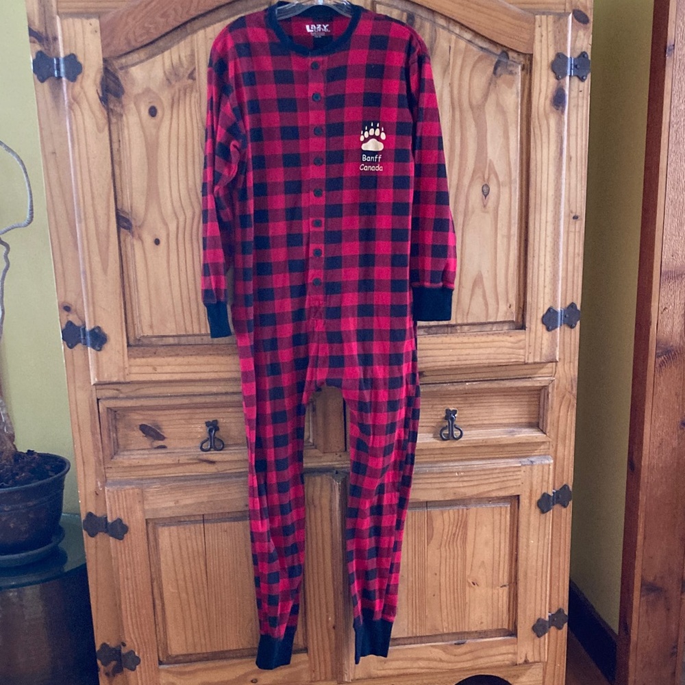 Adult Lazy One red black plaid long johns Bear Cheeks one piece pajamas - size M